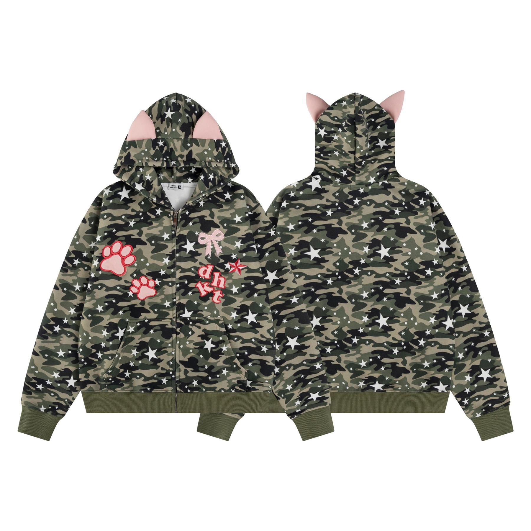 UrbanLaws Cool Camo Nakışlı Pembe Kulak Detaylı Kapüşonlu Sweatshirt