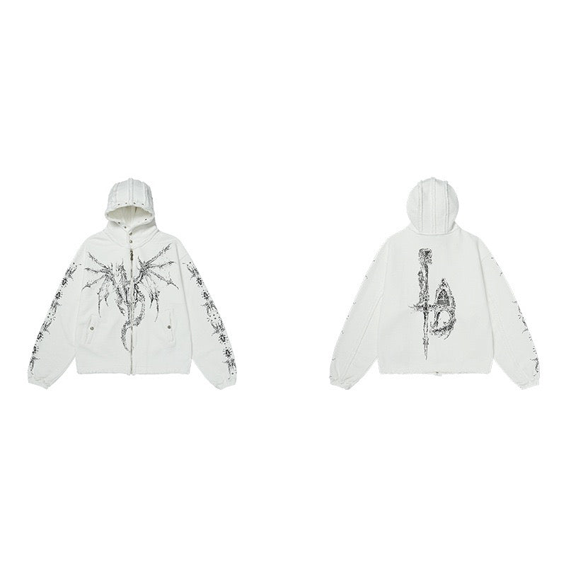 UrbanLaws Siyah Ejderha Zımbalı Fermuarlı Kapüşonlu Sweatshirt