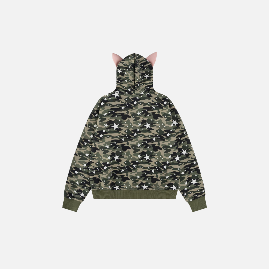 UrbanLaws Cool Camo Nakışlı Pembe Kulak Detaylı Kapüşonlu Sweatshirt