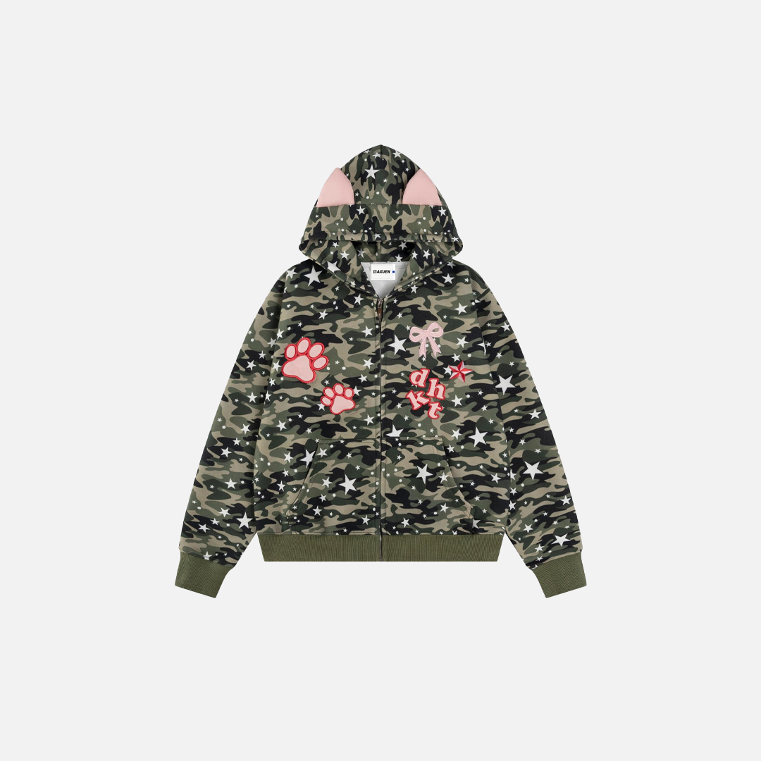UrbanLaws Cool Camo Nakışlı Pembe Kulak Detaylı Kapüşonlu Sweatshirt