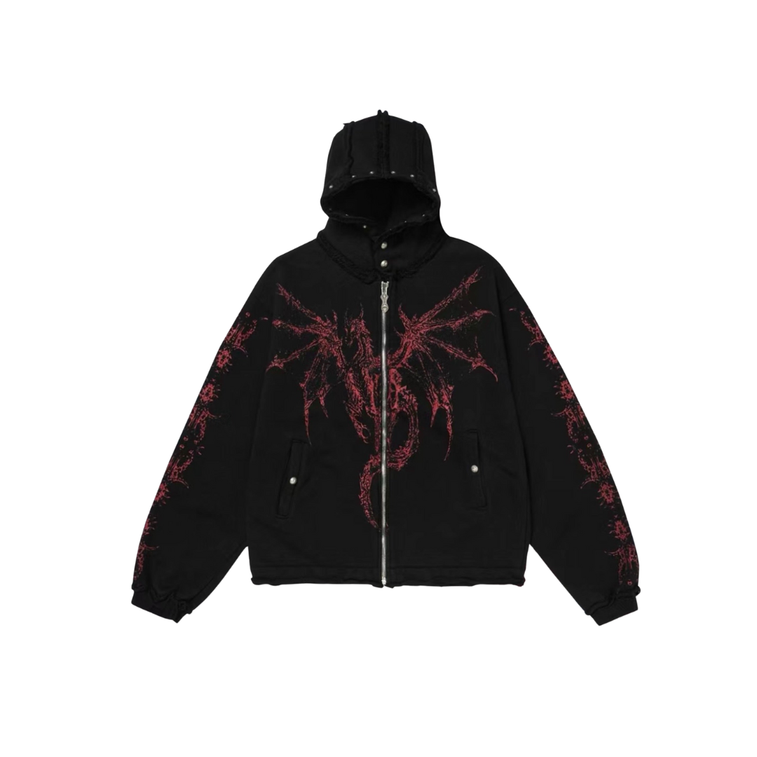 UrbanLaws Siyah Ejderha Zımbalı Fermuarlı Kapüşonlu Sweatshirt