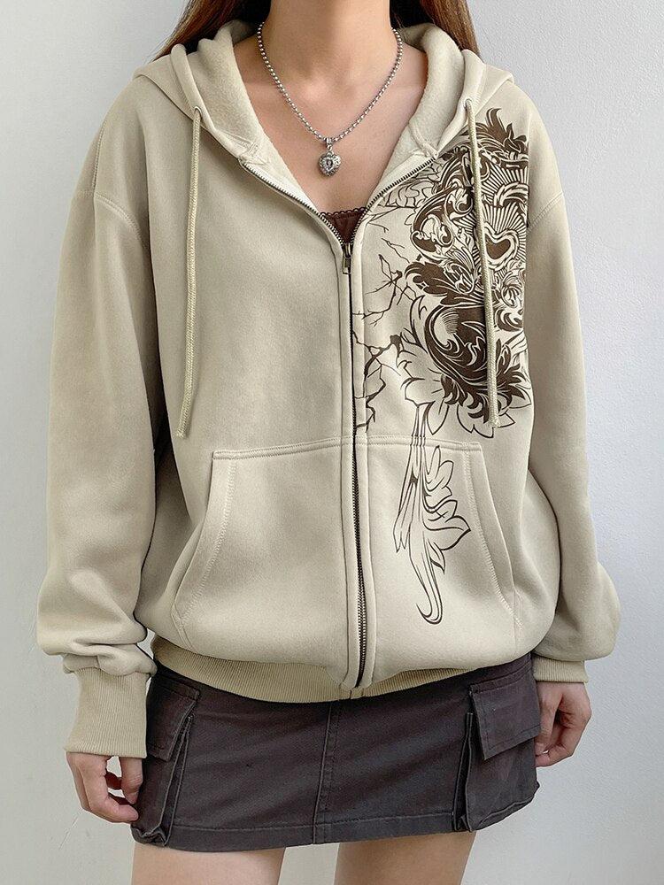UrbanLaws Fairy Grunge Çiçek Desenli Fermuarlı Hoodie