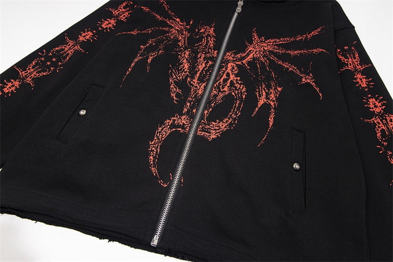 UrbanLaws Siyah Ejderha Zımbalı Fermuarlı Kapüşonlu Sweatshirt