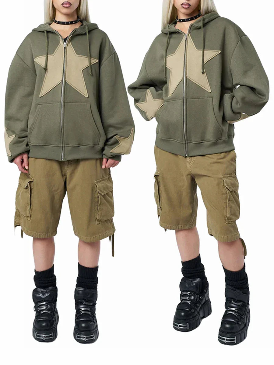 Y2K Yıldız Patch Detaylı Fermuarlı Kapüşonlu Sweatshirt