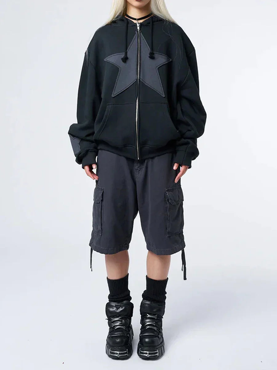 Y2K Yıldız Patch Detaylı Fermuarlı Kapüşonlu Sweatshirt