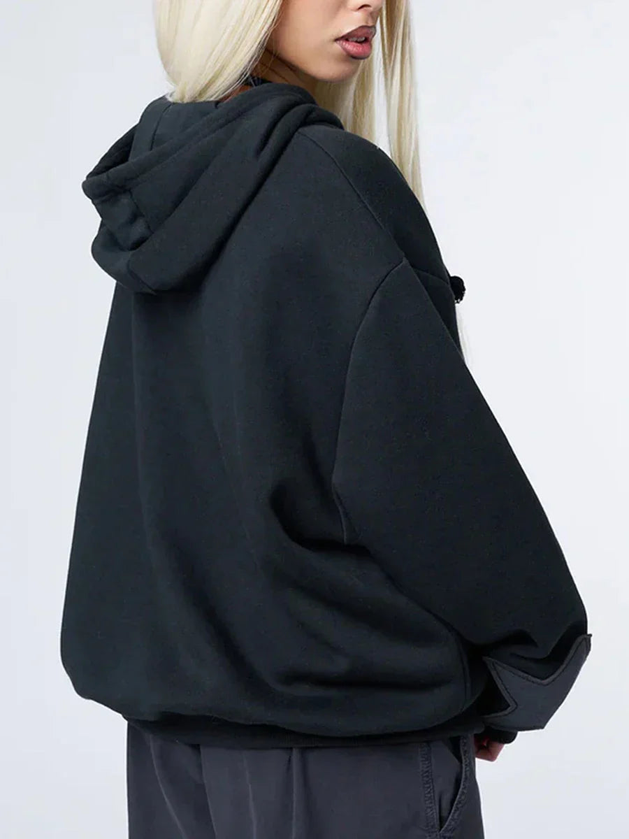 Y2K Yıldız Patch Detaylı Fermuarlı Kapüşonlu Sweatshirt