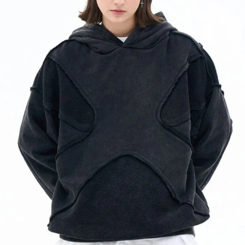 Hip-Hop Tarzı Splicing Retro Kapüşonlu Sweatshirt